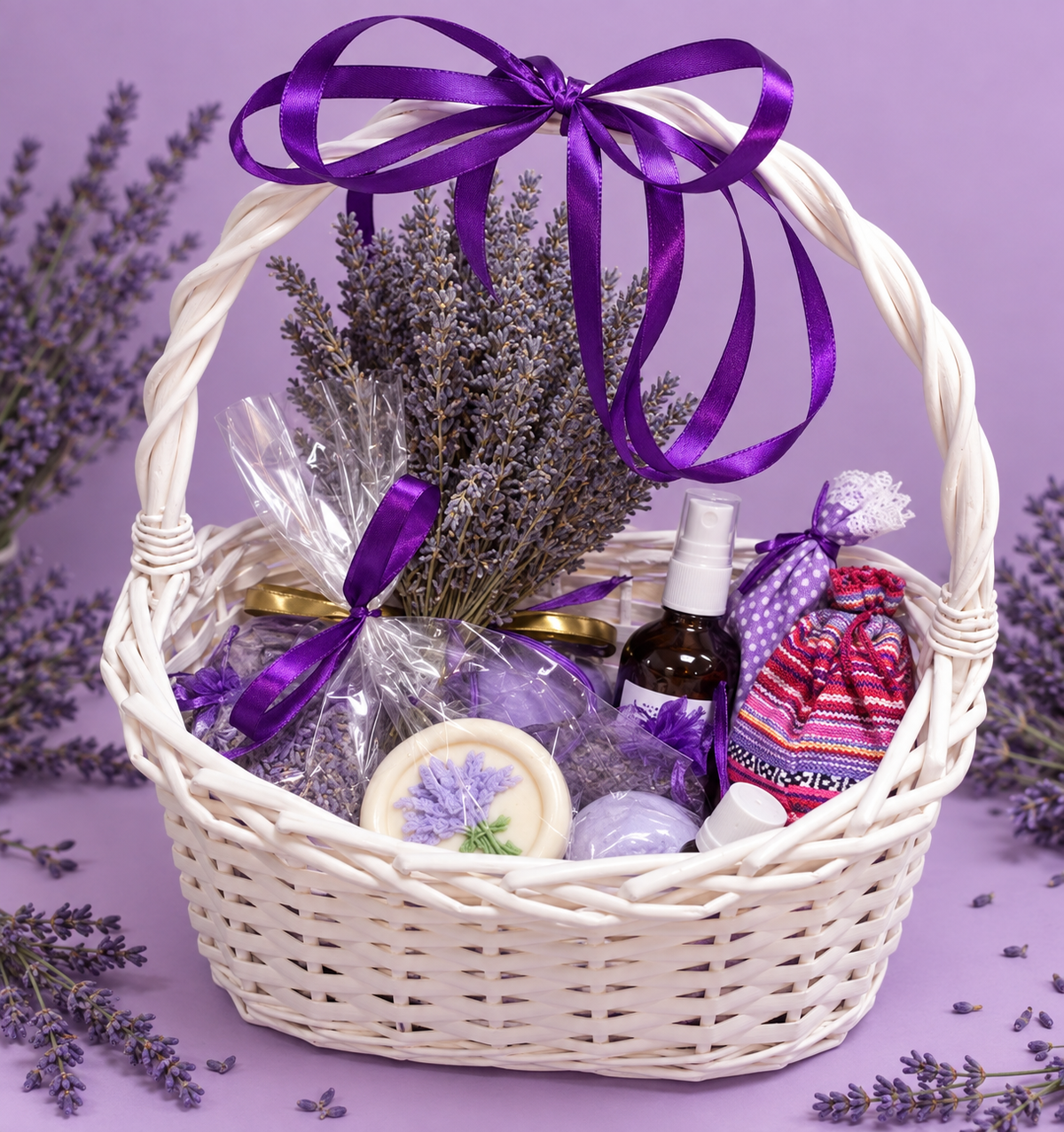 Coș cadou cu lavandă Romanța Lavandei – set cu produse naturale din lavandă