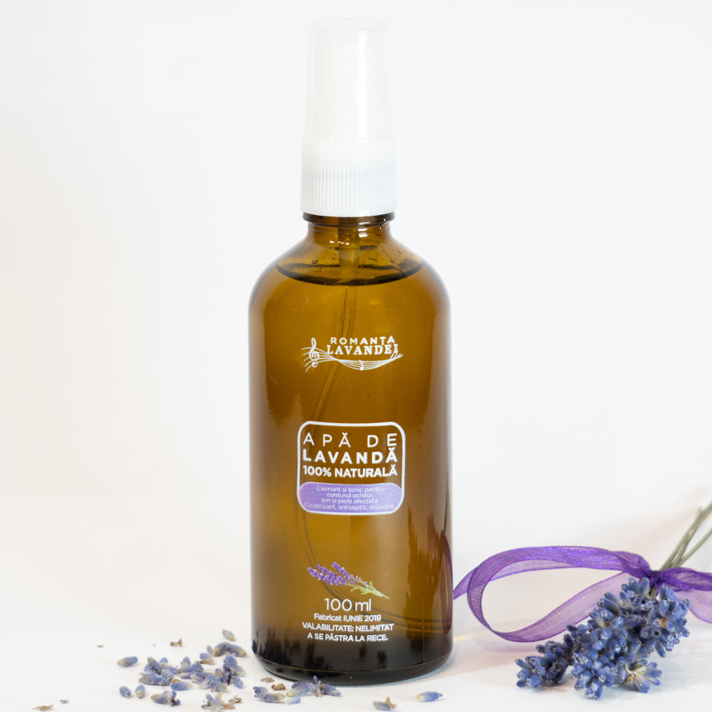 Apă de lavandă Romanța Lavandei 100 ml - produs natural calmant și revigorant pentru ten, păr și relaxare